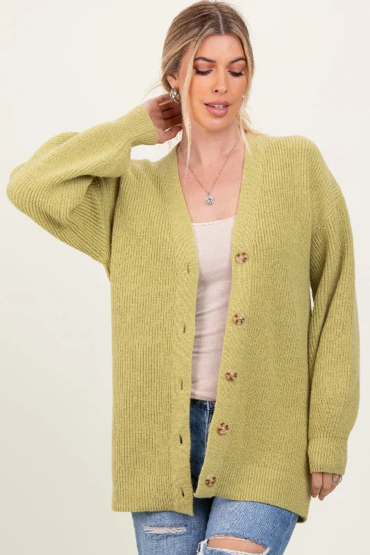 Light Olive Knit Oversized Button Down V-Neck Cardigan Vacation