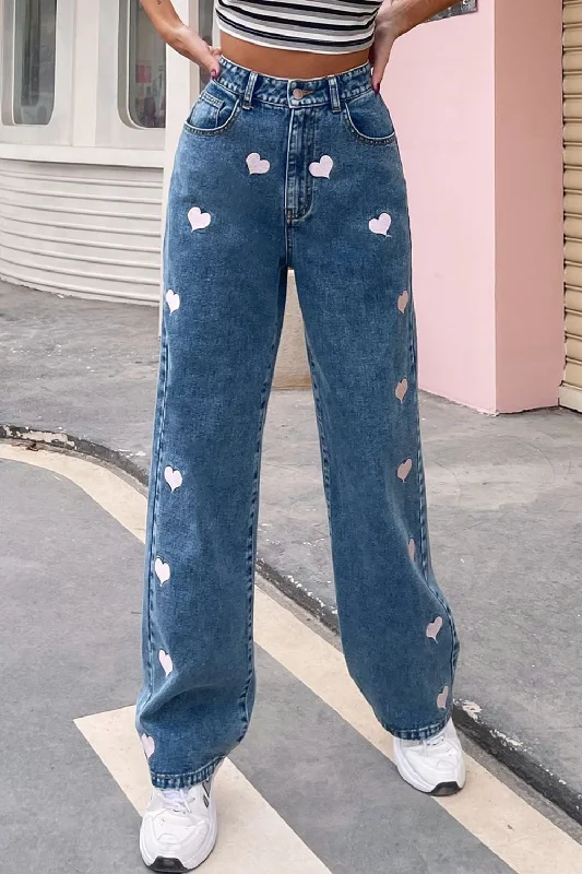 Heart Print Buttoned Jeans Classic Women's Pin - striped