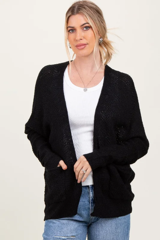 Black Pocketed Open Cardigan Traditional Women's 