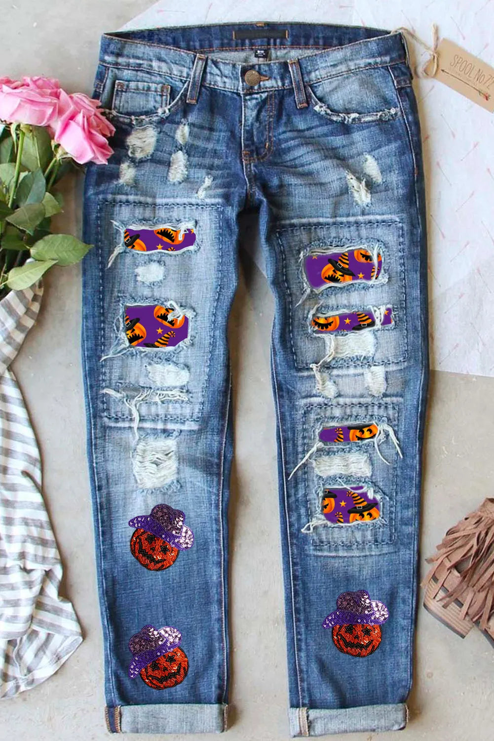 Distressed Sequin Pumpkin Jeans Vacation