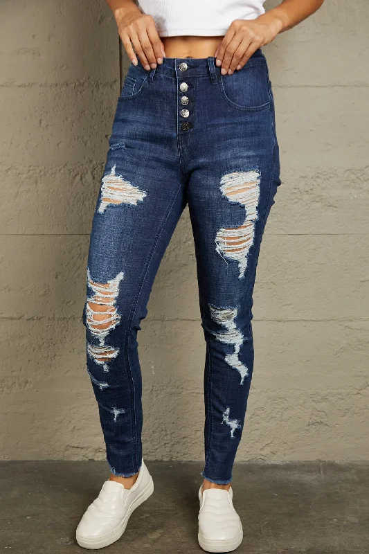Baeful Distressed Button Fly Raw Hem Jeans Earthy Women's Hemp - based