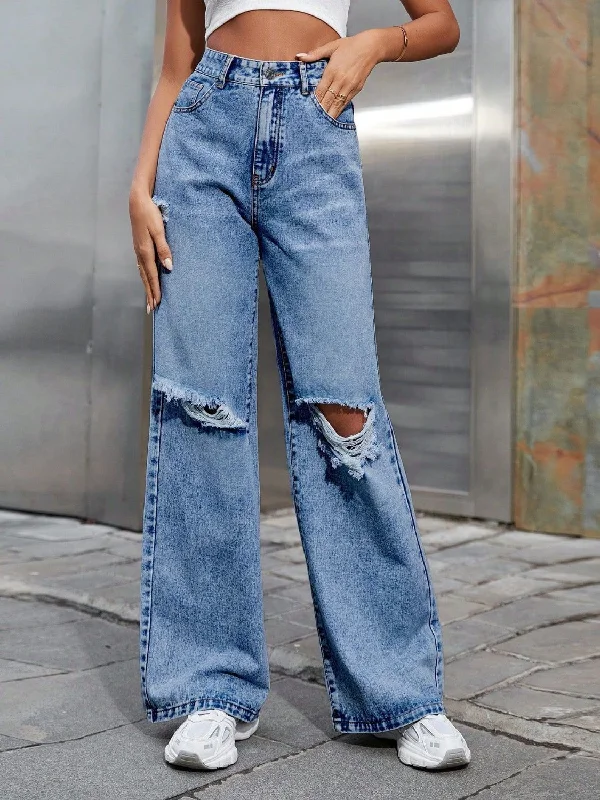 Distressed Wide Leg Jeans with Pockets Sophisticated Women's 