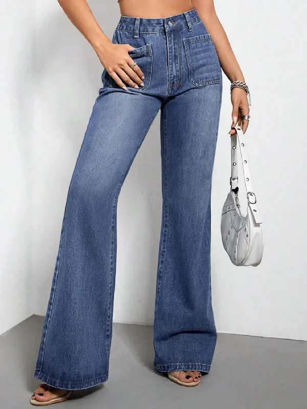 High Waist Bootcut Jeans with Pockets Monochromatic All - in - one