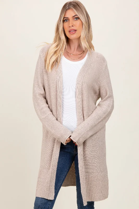 Beige Contrast Rib Long Open Cardigan Luxurious Women's High -  end