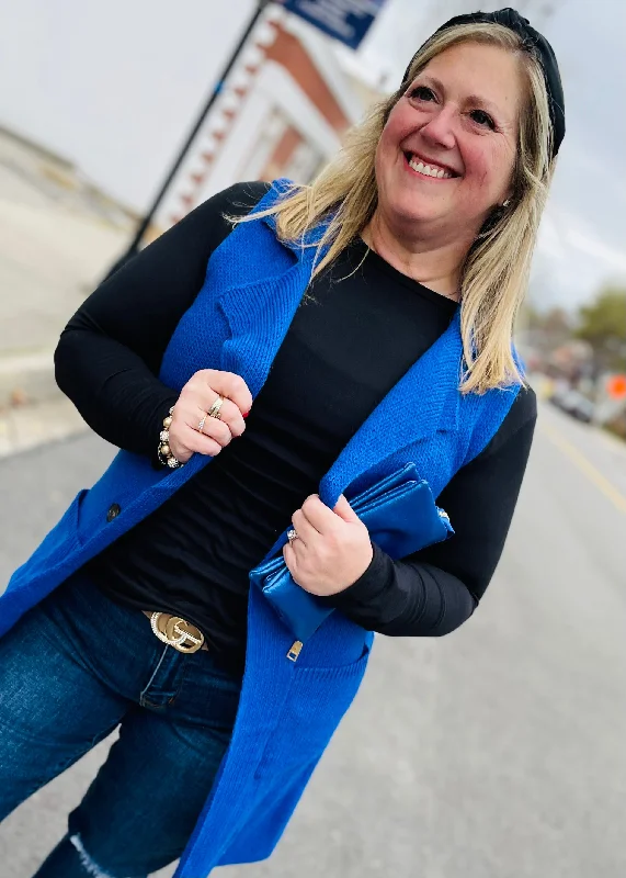 Blue Sleeveless Long Sweater Vest Contemporary 