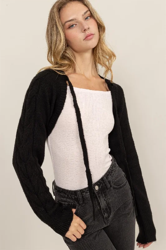 Black Cable Knit Tie Front Shrug Hip Women's Urban