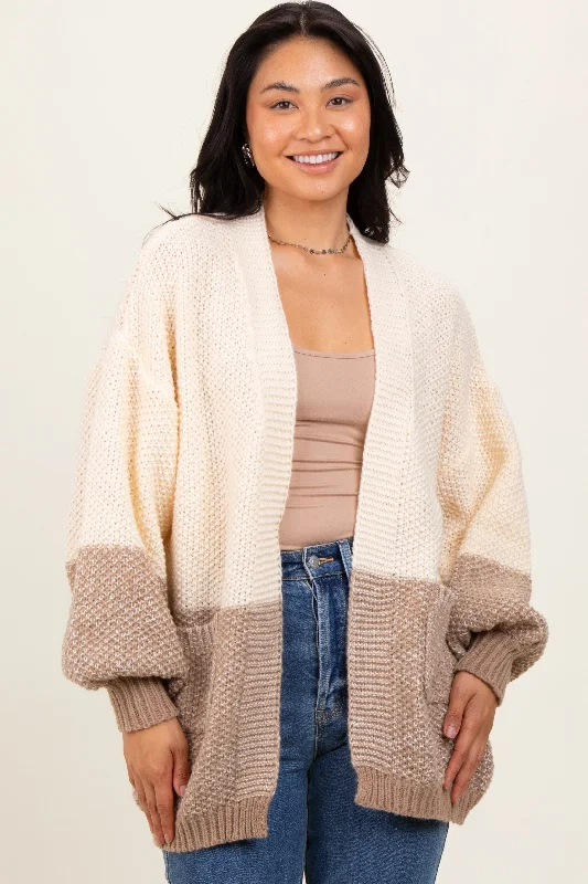 Cream Colorblock Bubble Sleeve Knit Cardigan Compression