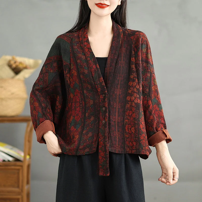 Babakud Women Autumn Bat Sleeves Printed Cotton Casual Cardigan Confident Women's High - fashion
