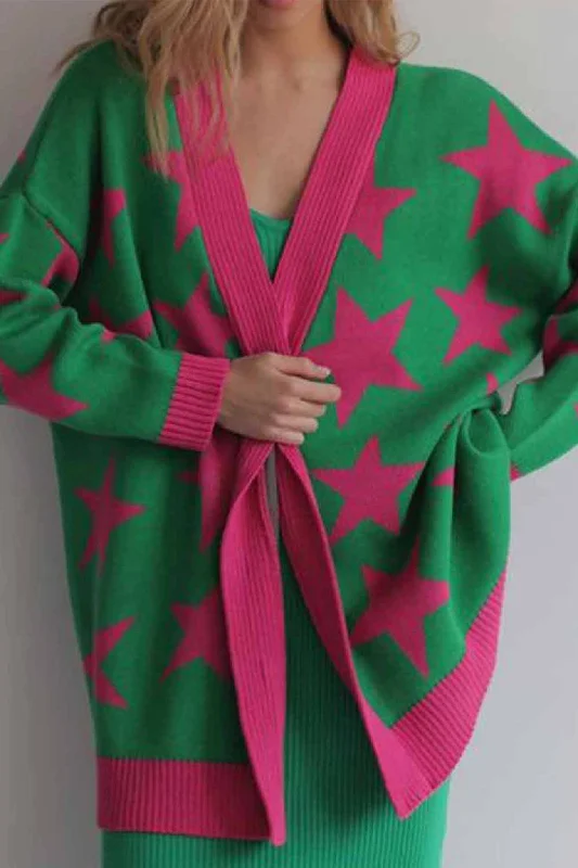 Contrast Star Knitted Button Up Cardigan Business