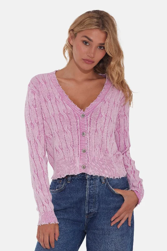 Stone Wash Distressed Cable Cropped Cardigan Faded Rose Sporty Women's Tennis