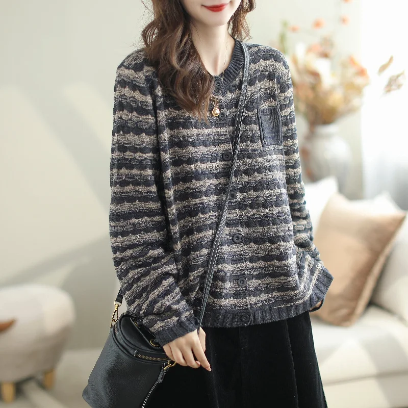 Autumn Casual Stylish Stripe Cotton Knitted Loose Cardigan Youthful Women's Pop