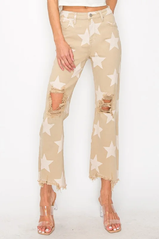 RISEN Full Size High Rise Star Printed Frayed Hem Jeans Dynamic Women's Moto