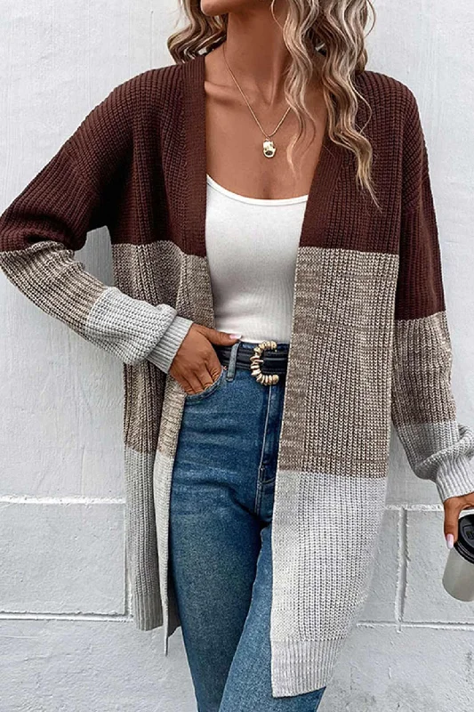 Color Contrast Long Open Front Cardigan Polished Women's Silk