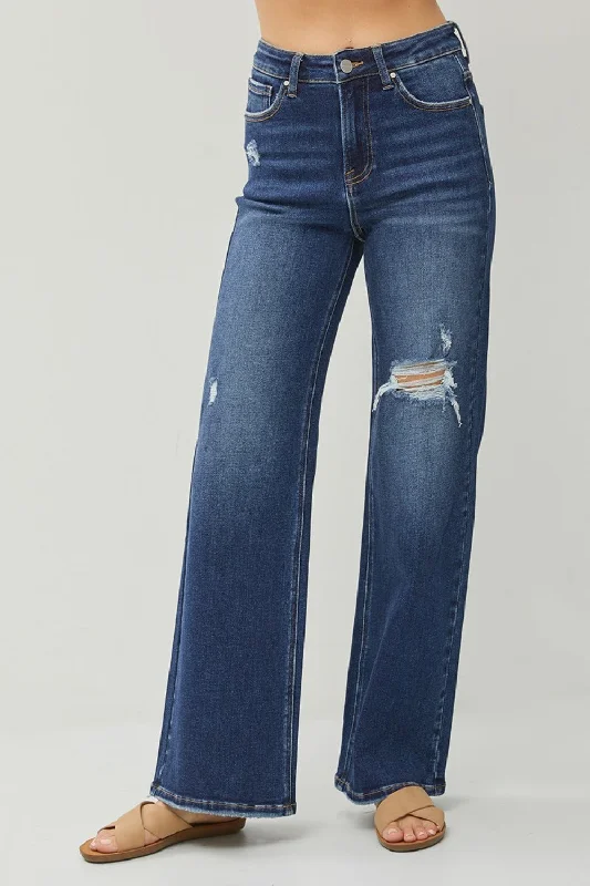 RISEN Full Size High Rise Distressed Wide Leg Jeans Athletic Women's High - 