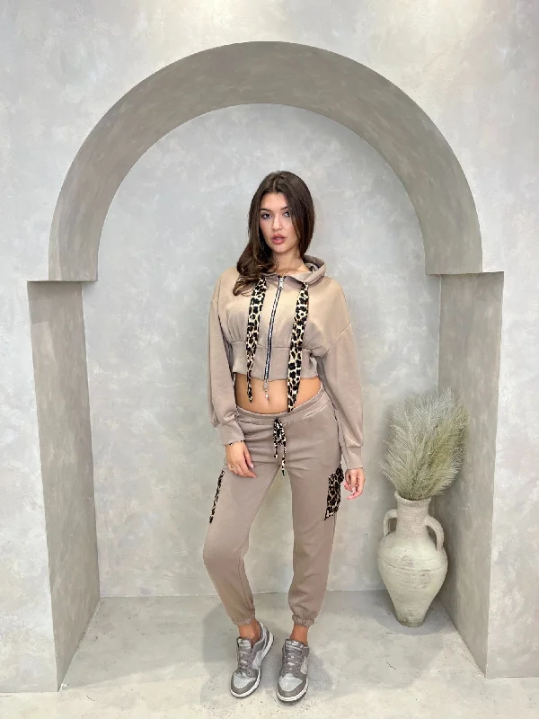 Taupe Leopard Cropped Zipped Hoodie Sporty Women's Athleisure 