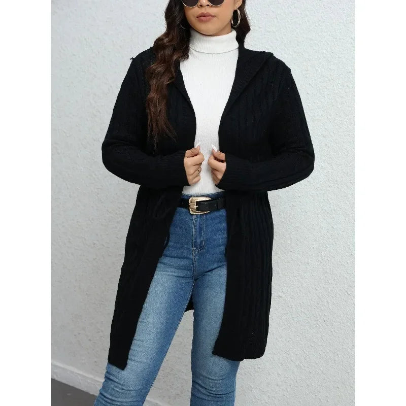 Versatile solid-color fashionable drawstring hooded knit loose casual top Cardigans Country