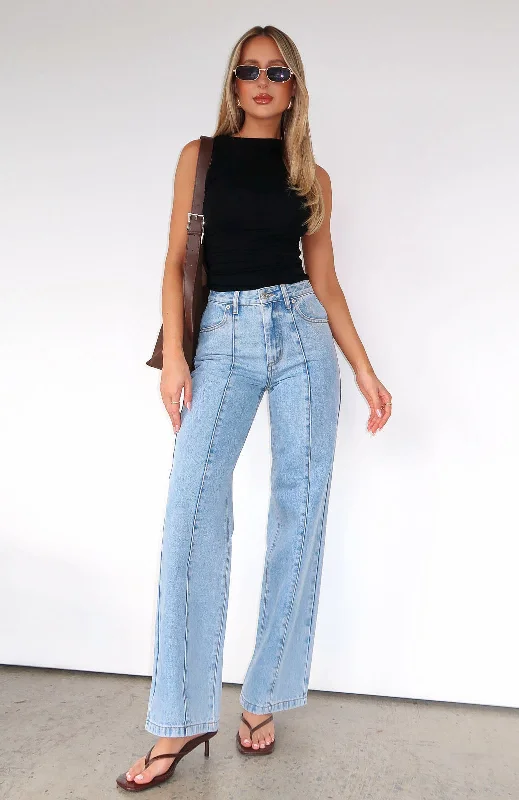Layla Mid Rise Straight Leg Jeans Light Blue Polished Women's Silk