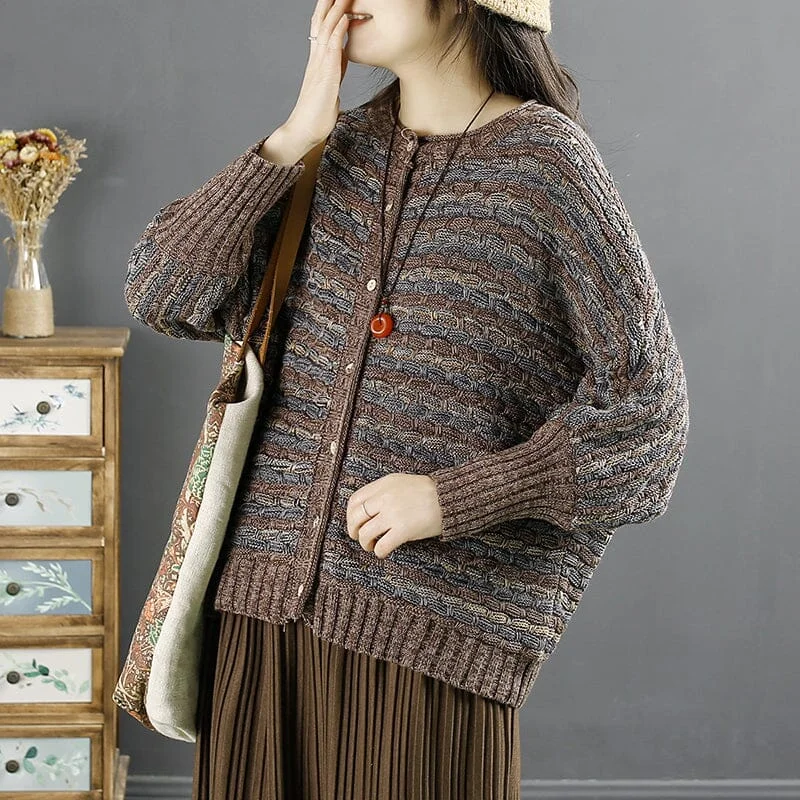 Spring Retro Cotton Knirred Stripe Casual Cardigan Modern Women's Tech