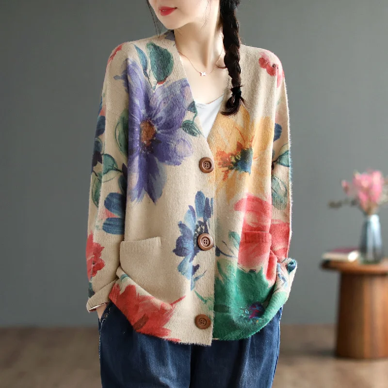 Babakud Women Autumn Retro Floral Cotton Cardigan Elegant Women's Formal 