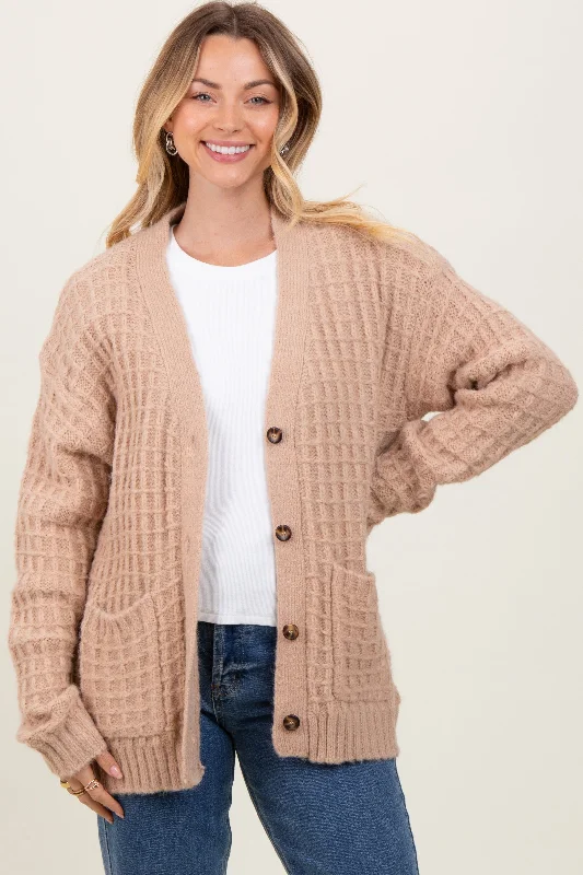 Beige Waffle Knit Button Up Cardigan Adventure