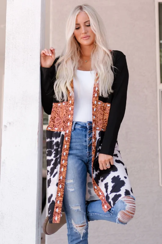 Cow Print Patchwork Open Front Cardigan Adventure