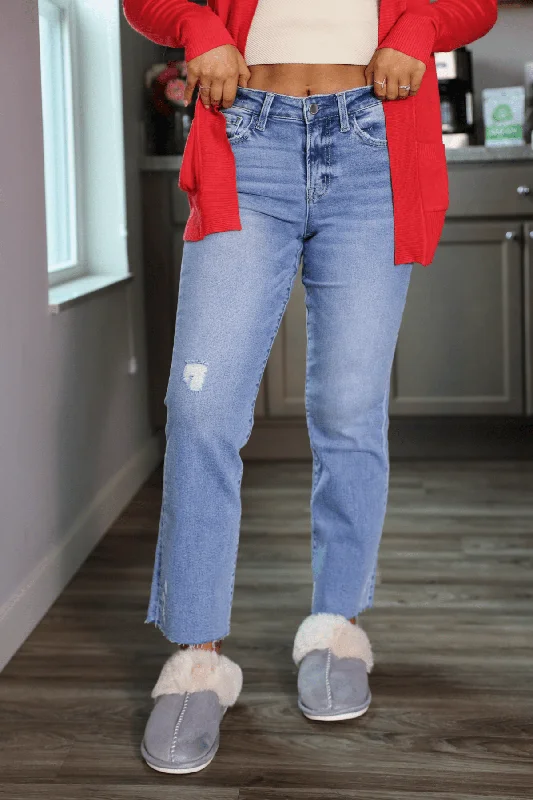 Light Wash Distressed Raw Hem Straight Leg Jeans Feminine Women's Soft 