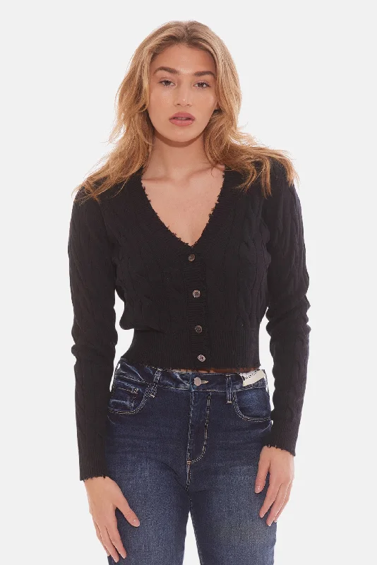 Satya Cable Cropped Cardigan Black Hip Women's Retro