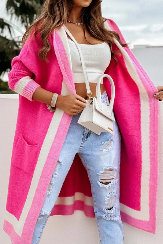 Contrast Hoodie Open Front Long Cardigan Classic Women's Pin - striped