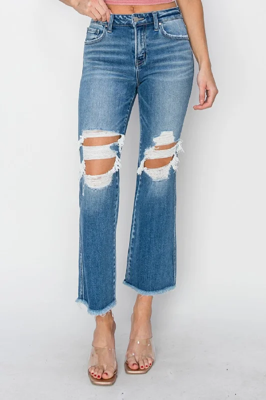 RISEN Mid Rise Distressed Cropped Flare Jeans Refined Women's 