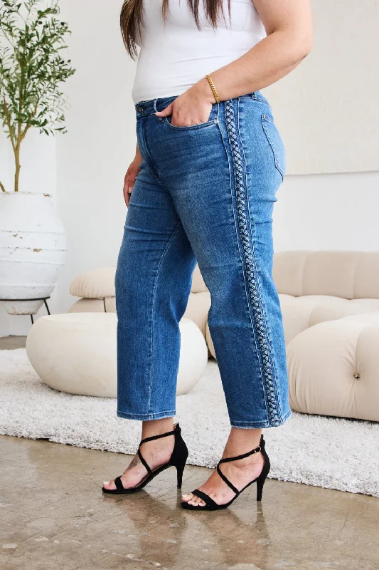 Judy Blue Full Size Braid Side Detail Wide Leg Jeans Monochromatic Office Style