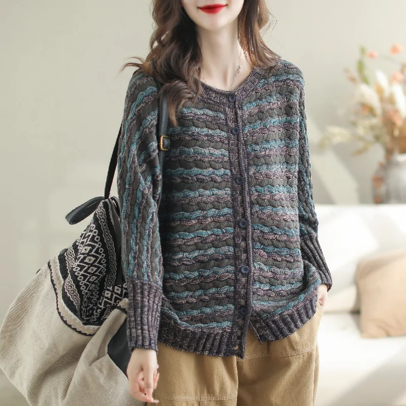 Women Autumn Casual Stripe Cotton Knitted Cardigan Earthy Women's 