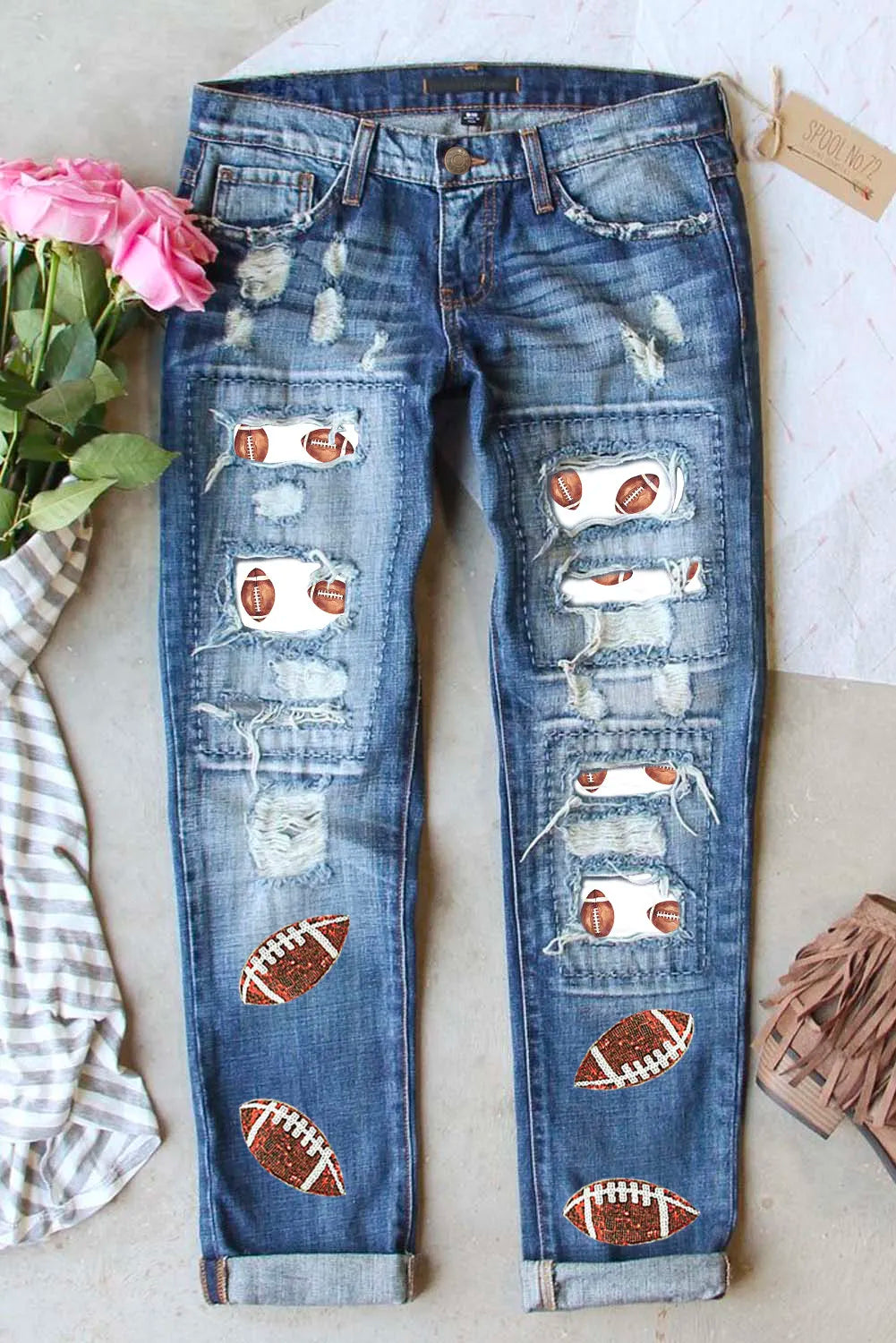 Distressed Football Straight Jeans Rugged Women's Outdoor 