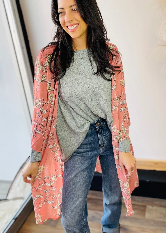 Floral Printed Kimono Cardigan Monochromatic All - in - one