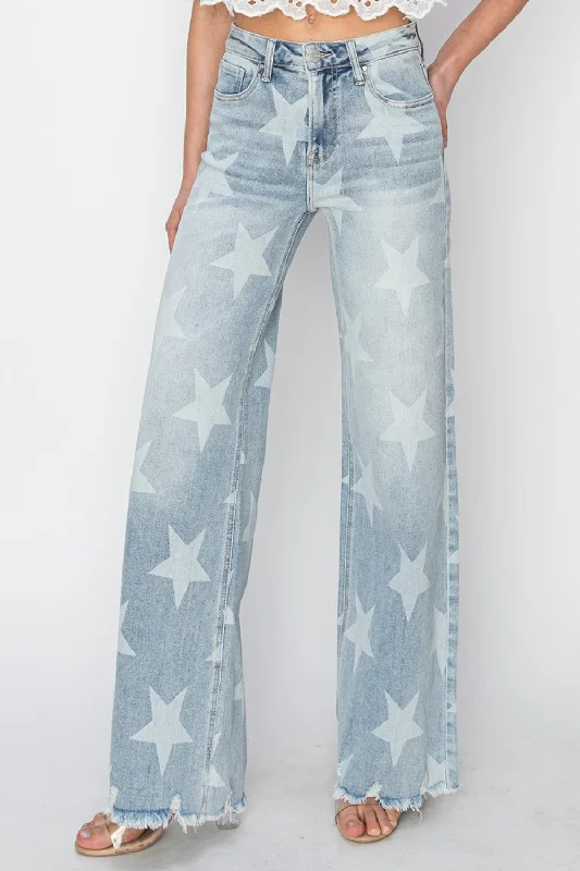 RISEN Full Size Raw Hem Star Wide Leg Jeans Cozy Women's Sherpa - lined