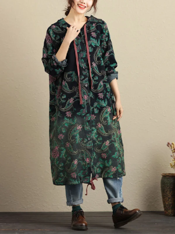 Women's Side Pocket Style Hooded Print Cardigan Relaxed Women's Beachy