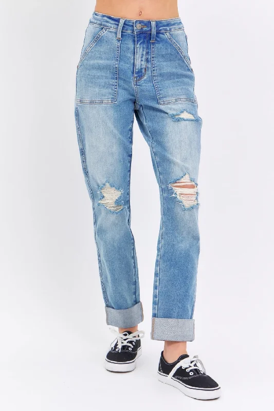 Judy Blue Full Size Distressed Straight Jeans with Patch Pockets Country