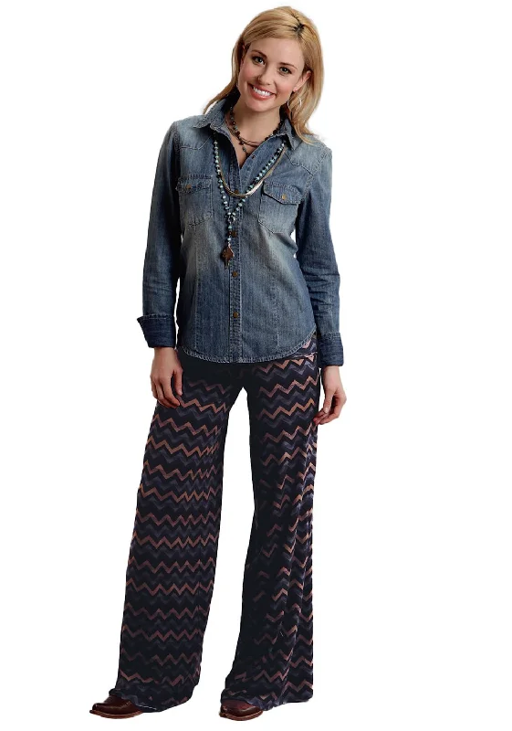 Stetson Ladies Brown Rayon Chevron Print Knit Pants Sleek Women's 