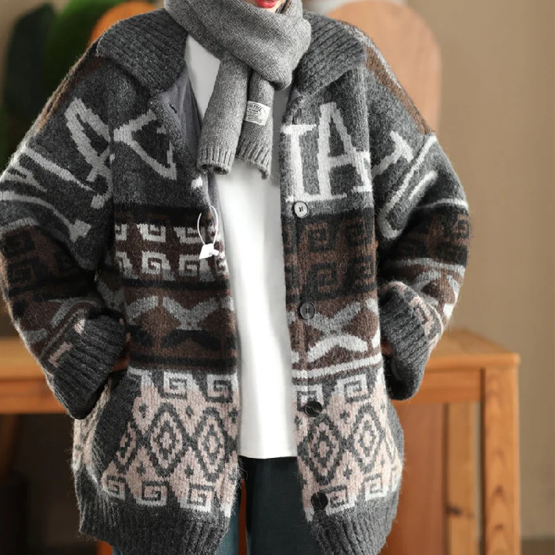 Women Winter Retro Jacquard Wool Knit Warm Cardigan Trendy Women's Oversized