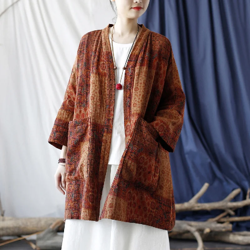 Retro Ethnic Printed Loose Cardigan Cotton Linen Outerwear Sophisticated Women's 
