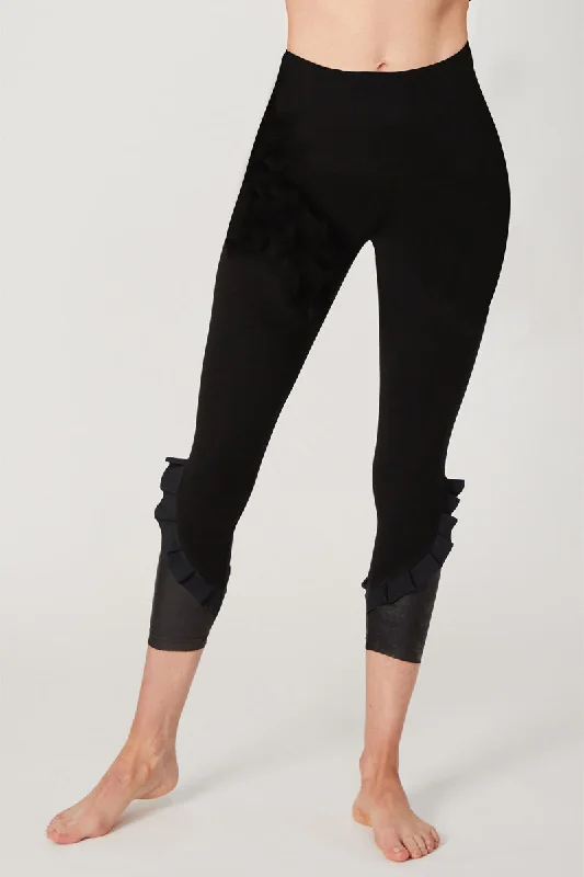 Medium Compression Waisted Cropped Leggings with Frill Side Detail Black Classic Women's Tweed