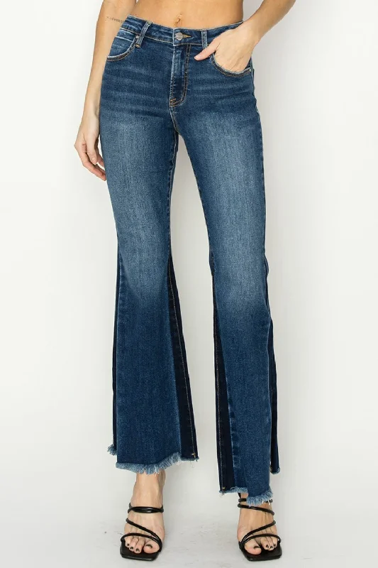 RISEN Full Size High Rise Side Shadow Seam Detail Slit Flare Jeans Sustainable Organic