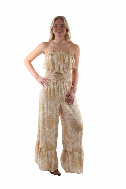 Scully Womens Strapless Ruffle Trim Toffee Lyocell S/L Jumpsuit British Gentlewoman Style Scully Womens Strapless Ruffle Trim Toffee Lyocell S/L Jumpsuit British Gentlewoman Style