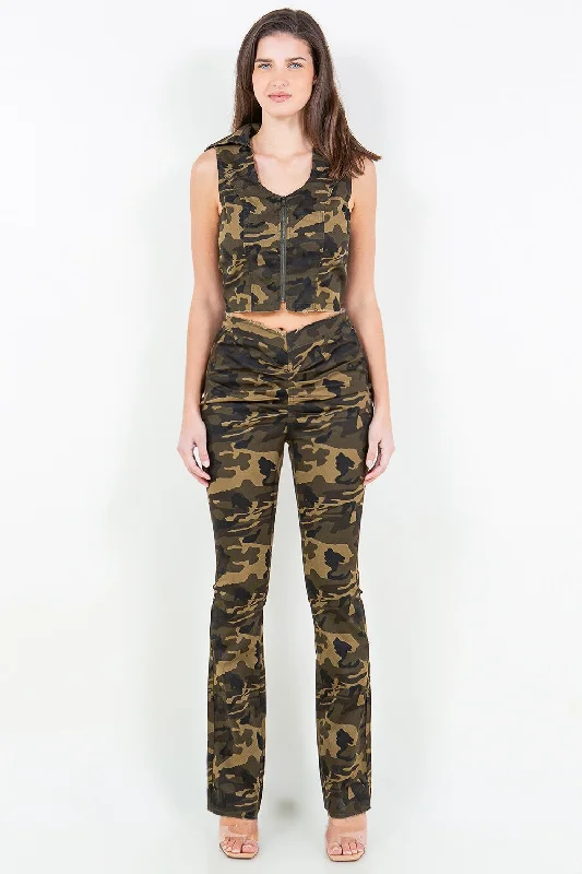 American Bazi V-Cut Ruched Camo Flare Pants Trendy Women's Oversized