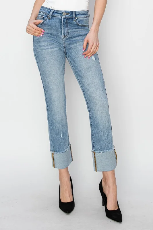 RISEN Full Size High Rise Cuffed Slim Straight Jeans Refined Women's Velvet