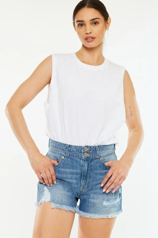 Kancan Full Size High Rise Raw Hem Denim Shorts Dynamic Women's Moto