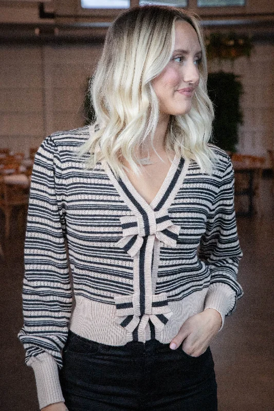 Gracelynn Striped Bow Front Cardigan, Black Laid - back Women's Vibe