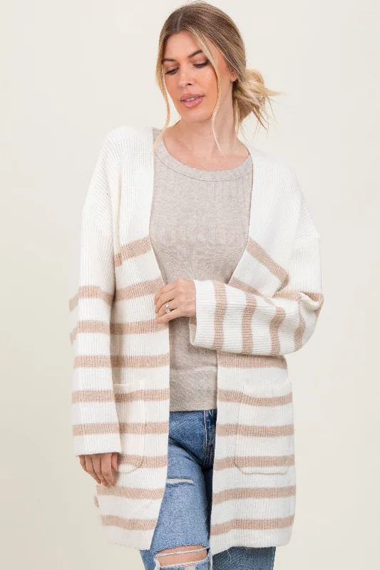 Ivory Beige Knit Striped Long Cardigan Youthful Women's Anime - inspired
