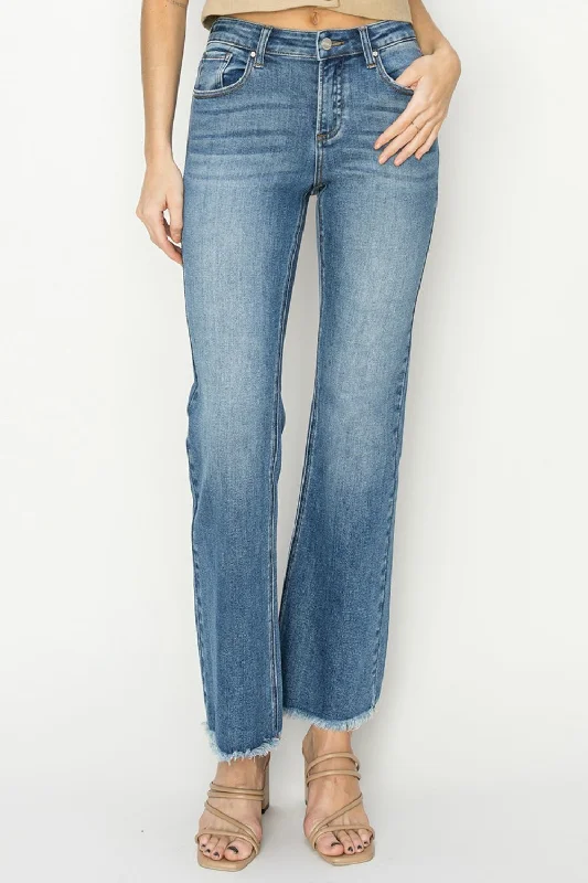 RISEN Mid-Rise Frayed Hem Bootcut Jeans Tough Women's Military - inspired