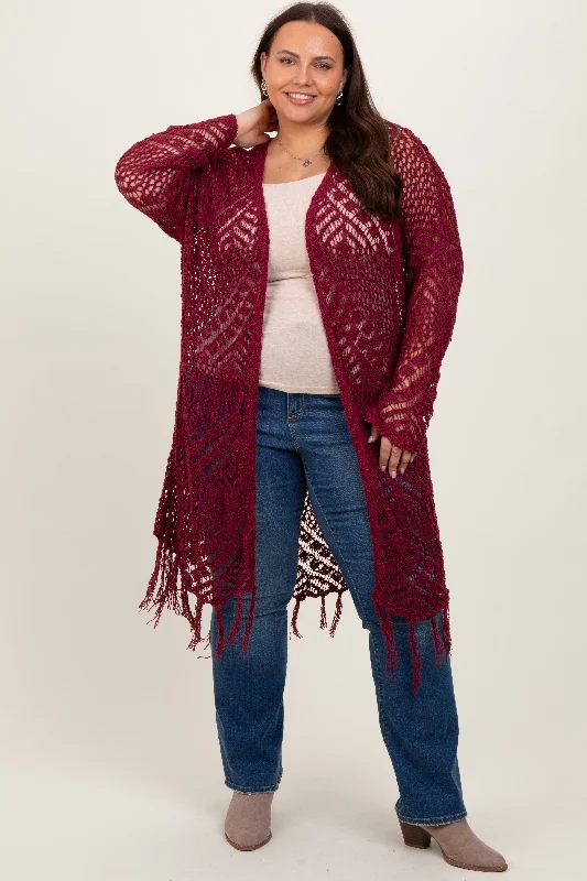 Burgundy Crochet Fringe Hem Plus Cardigan Bohemian Women's Free
