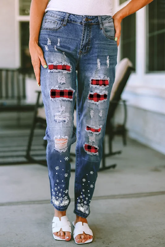 Plaid Snow Graphic Distressed Jeans Edgy Women's Punk